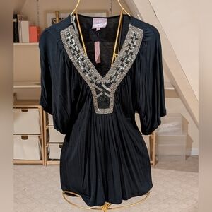 Romeo & Juliet Couture, Women's M, Black, Beaded V Neck Top, New With Tags